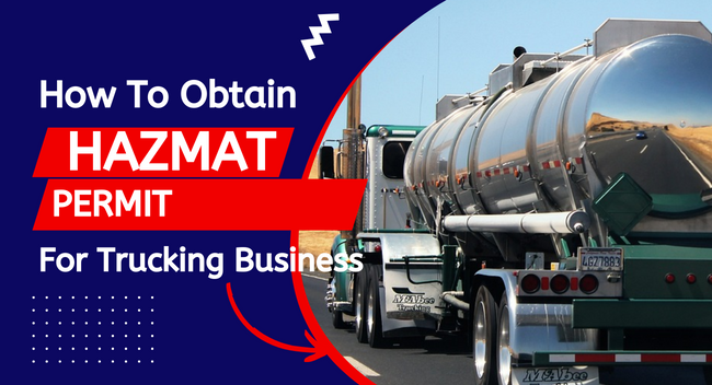A shiny tanker truck drives along a highway under clear skies. Large text reads, "How to Obtain HAZMAT Permit For Trucking Business".