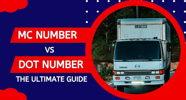 MC-Number-Vs-DOT-Number-The-Ultimate-Guide A large white truck drives on a road, surrounded by lush greenery. Text on a dark blue and red background reads: "MC NUMBER VS DOT NUMBER THE ULTIMATE GUIDE," emphasizing transport regulation distinctions.