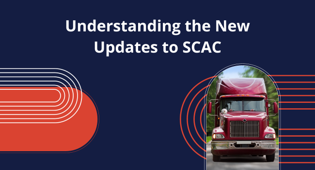 Red truck driving on a road, surrounded by stylized red and white circle patterns. Text reads, "Understanding the New Updates to SCAC."
