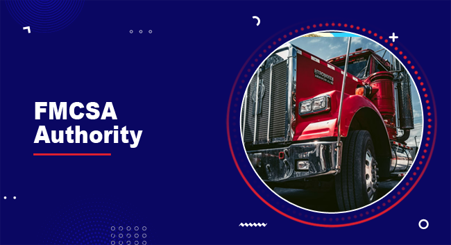 fmcsa-authority-1 A red truck is prominently displayed, angled to highlight its grill, against a sky backdrop. Text reads "FMCSA Authority" on a deep blue background.