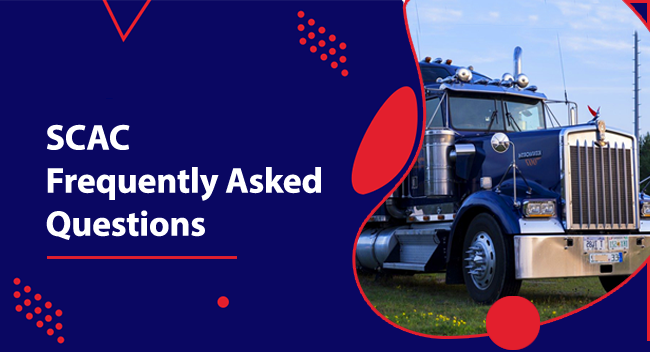 scac-faqs A blue truck is parked on grass under a clear sky. Text on the left reads: "SCAC Frequently Asked Questions." The design features geometric patterns and a blue and red color scheme.