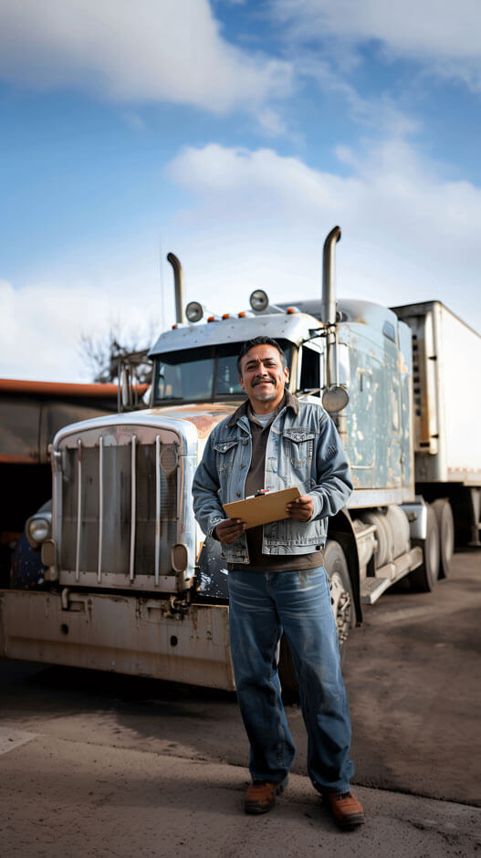 Confident Truck Driver Standing in Front of His Rig